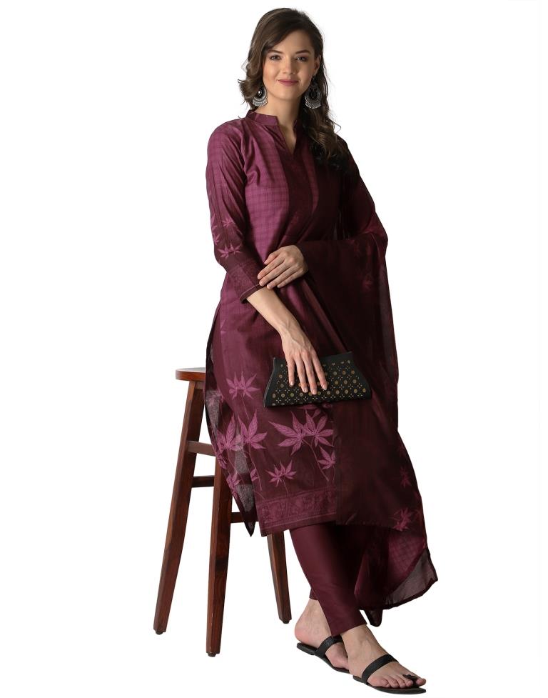 Bedazzling Wine Cotton Printed Unstitched Salwar Suit | Leemboodi