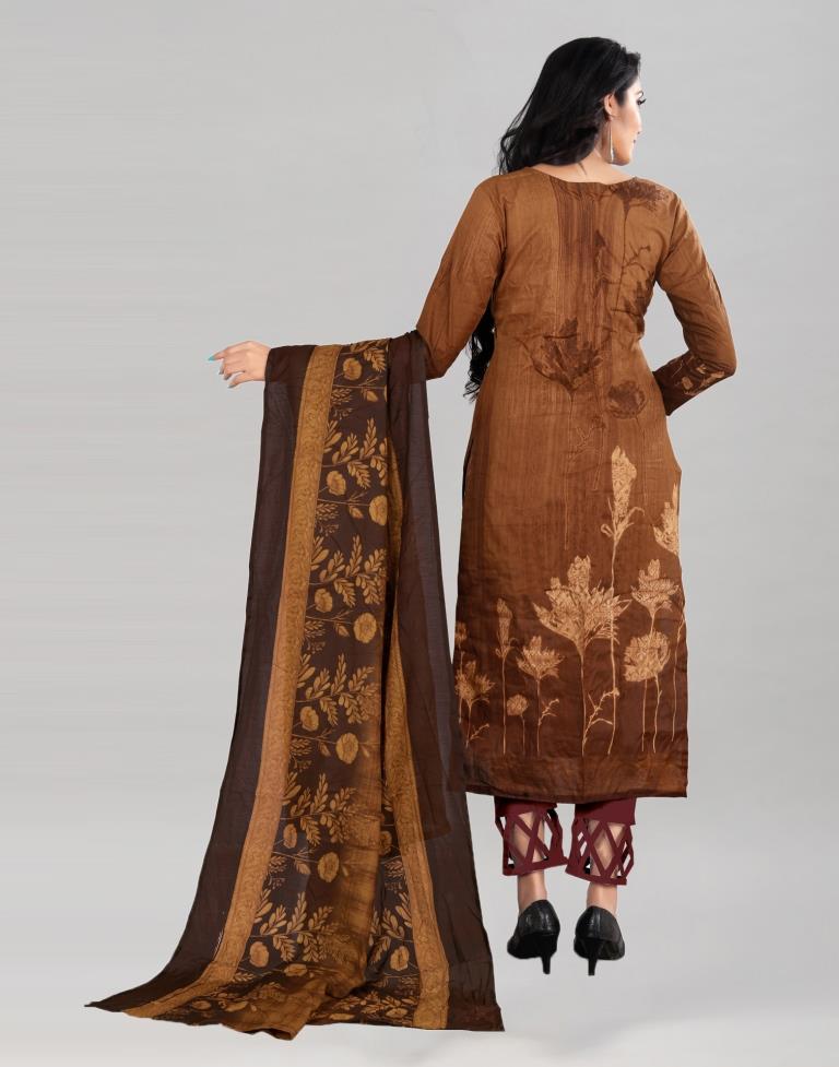 Brown Cotton Printed Unstitched Salwar Suit | Leemboodi