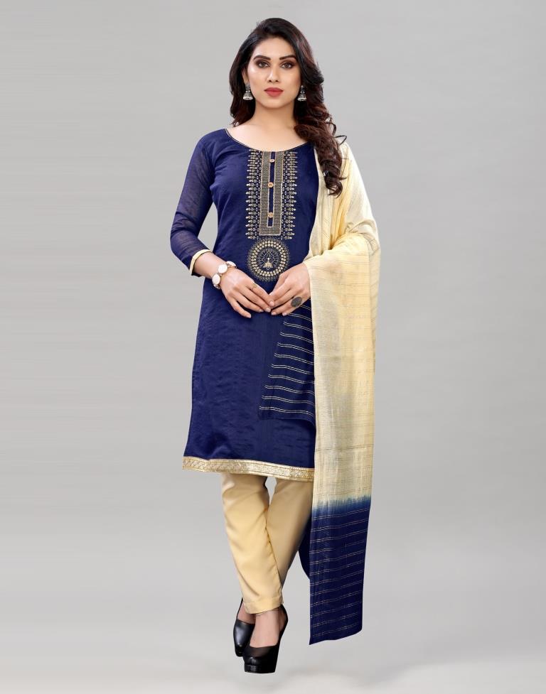 Splendiferous Navy Blue Chanderi Silk Embroidered Unstitched Salwar Suit | Leemboodi