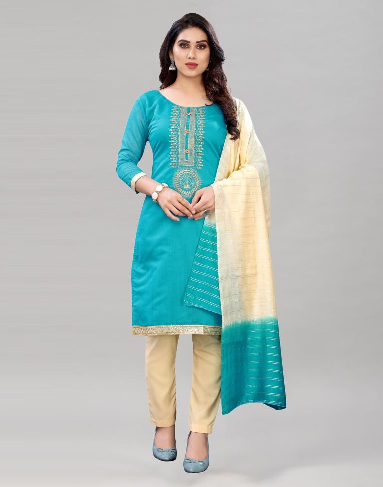 Voguish Sky Blue Chanderi Silk Embroidered Unstitched Salwar Suit | Leemboodi
