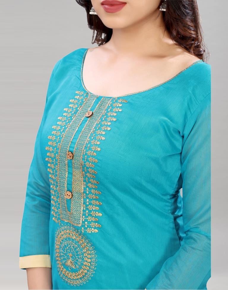Voguish Sky Blue Chanderi Silk Embroidered Unstitched Salwar Suit | Leemboodi