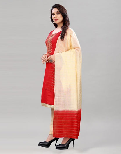 Attractive Red Chanderi Silk Embroidered Unstitched Salwar Suit | Leemboodi