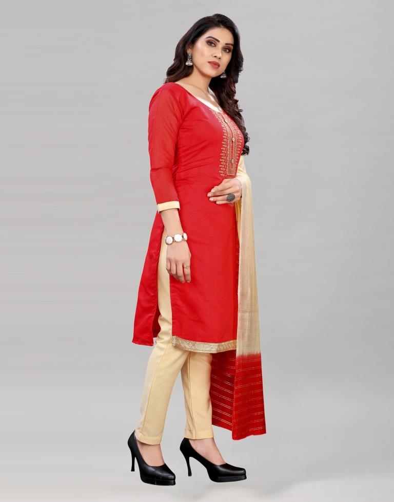 Attractive Red Chanderi Silk Embroidered Unstitched Salwar Suit | Leemboodi