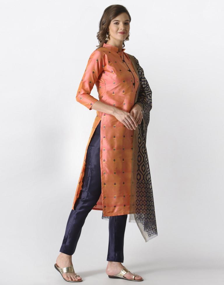 Stunning Peach Banarasi Silk Jacquard Unstitched Salwar Suit | Leemboodi