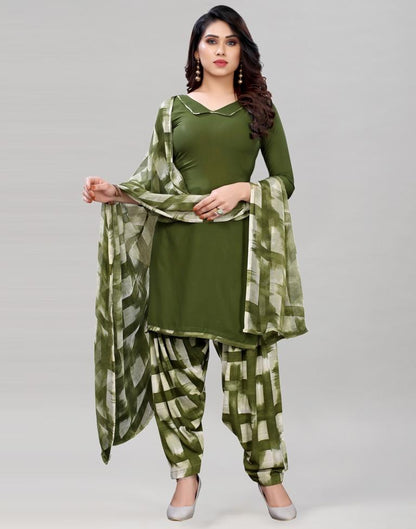 Ethnic Dark Olive Green Printed Unstitched Salwar Suit | Leemboodi