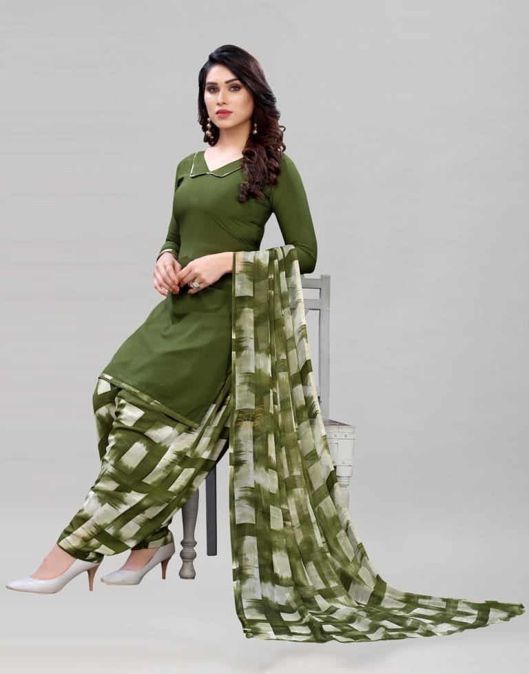 Ethnic Dark Olive Green Printed Unstitched Salwar Suit | Leemboodi