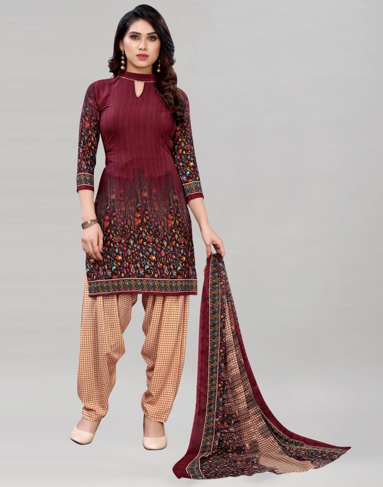 Ambitious Maroon Printed Unstitched Salwar Suit | Leemboodi