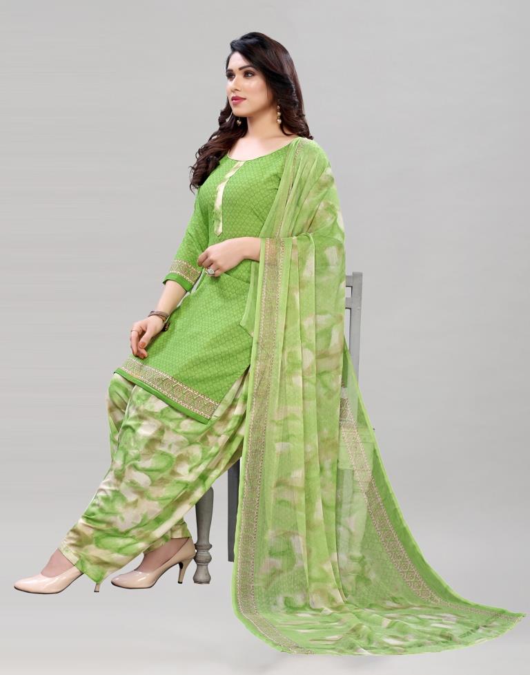 Dreamy Parrot Green Printed Unstitched Salwar Suit | Leemboodi