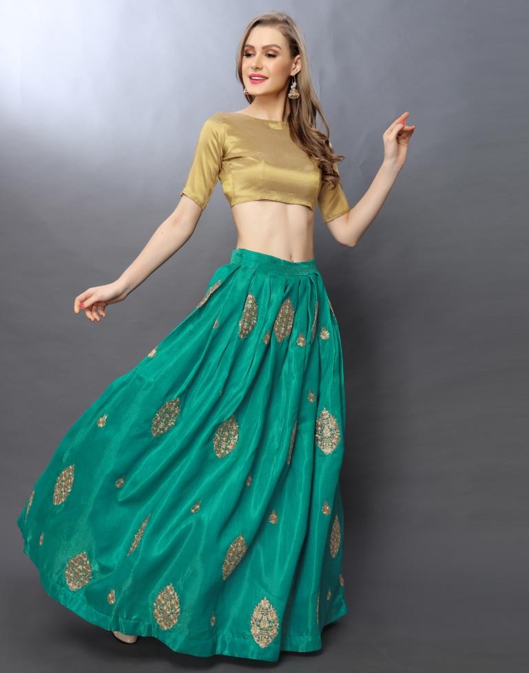 Ethnic Turquoise Coloured Satin-Taffeta Zari Embroidered Casual Wear Lehenga | Leemboodi