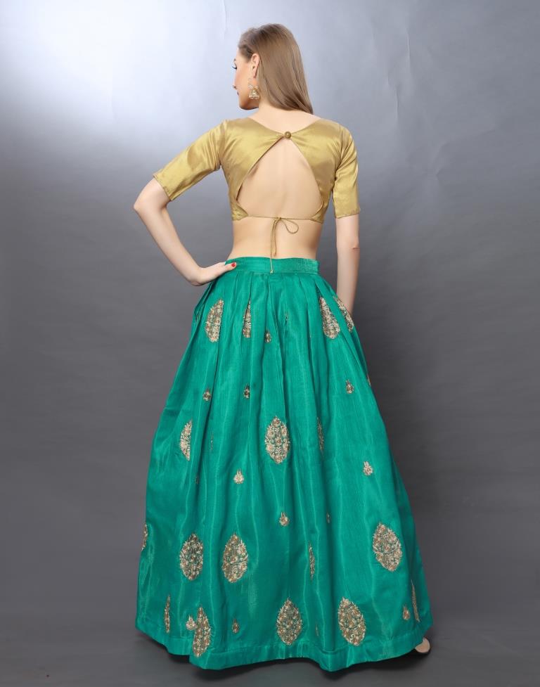 Ethnic Turquoise Coloured Satin-Taffeta Zari Embroidered Casual Wear Lehenga | Leemboodi