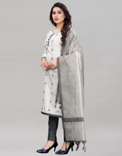 Classy White Cotton Self Woven Unstitched Salwar Suit | Leemboodi