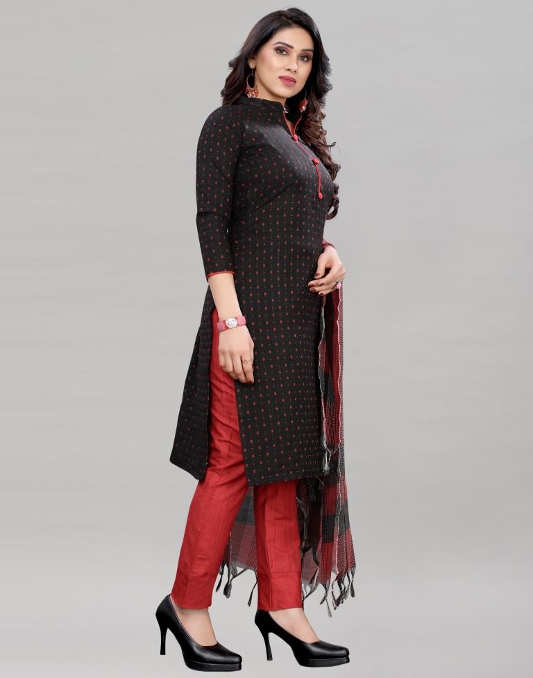 Designer Black Cotton Self Woven Unstitched Salwar Suit | Leemboodi