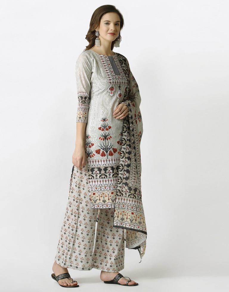 Aesthetic Off White Cotton Printed Unstitched Salwar Suit | Leemboodi