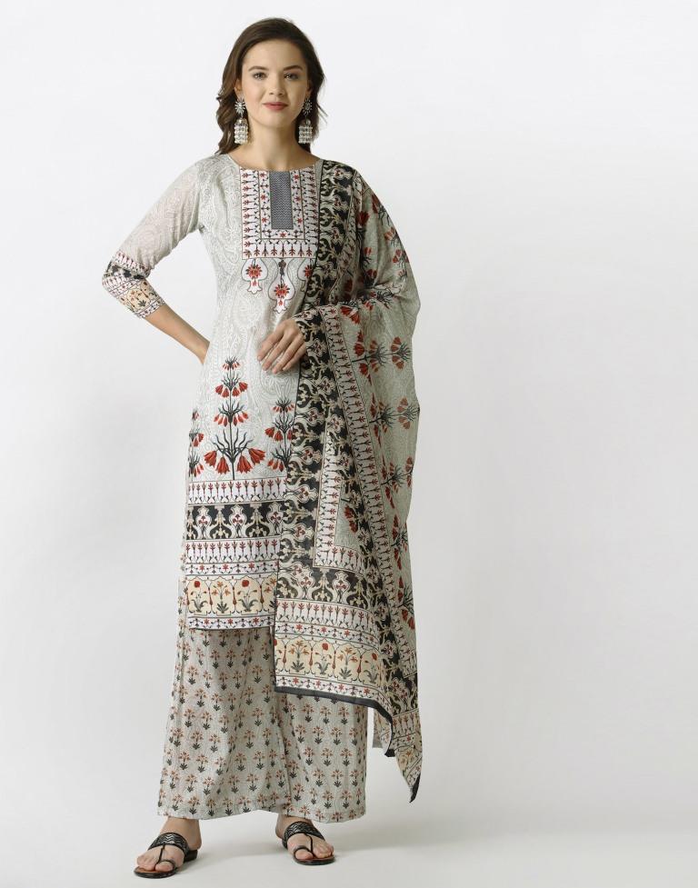 Aesthetic Off White Cotton Printed Unstitched Salwar Suit | Leemboodi