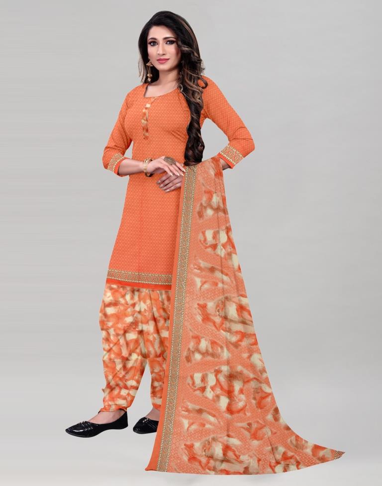 Enticing Light Orange Printed Unstitched Salwar Suit | Leemboodi