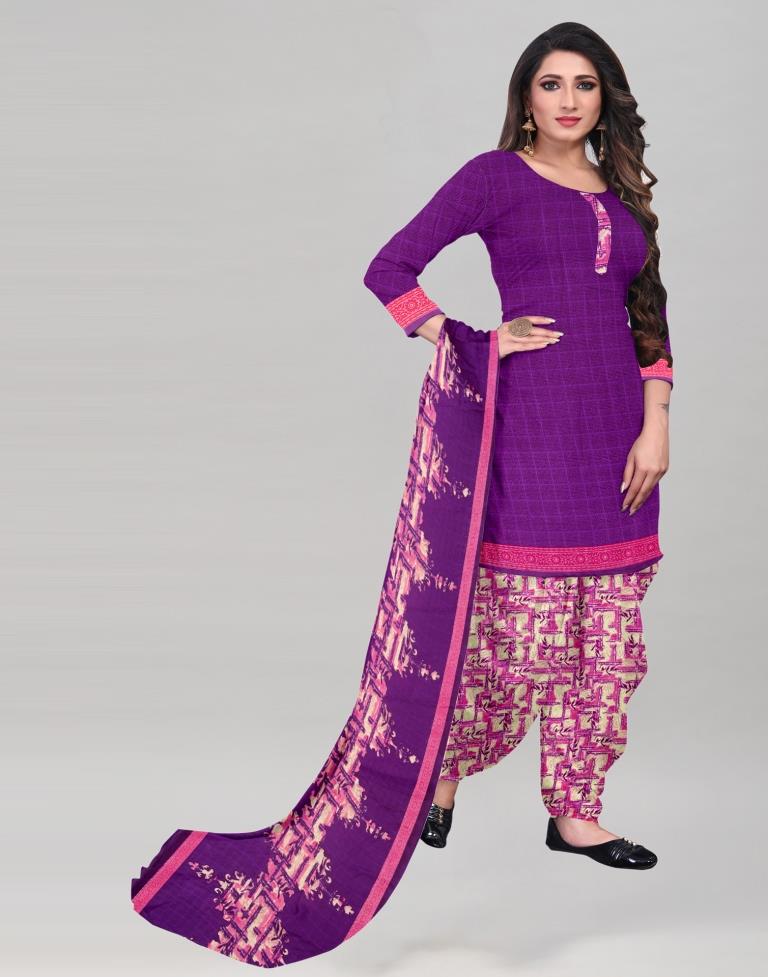 Amazing Purple Printed Unstitched Salwar Suit | Leemboodi