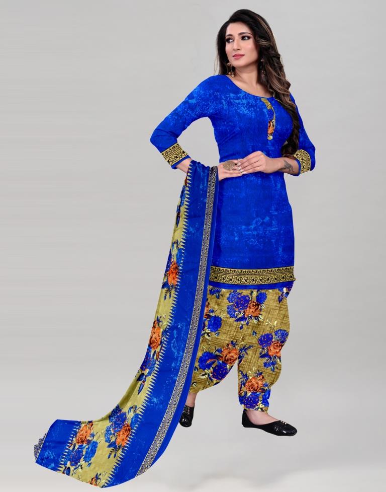 Valiant Royal Blue Printed Unstitched Salwar Suit | Leemboodi