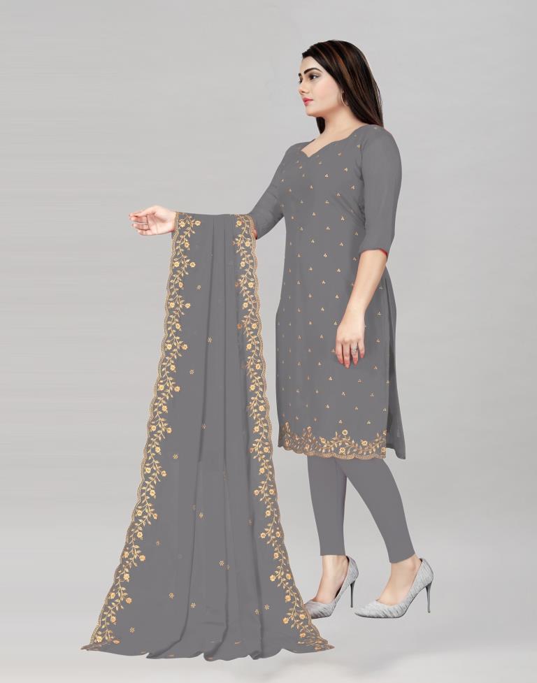 Favourable Grey Georgette Embroidered Unstitched Salwar Suit | Leemboodi