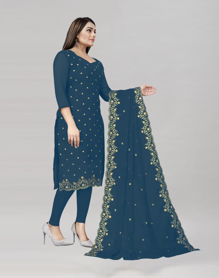 Standard Teal Blue Georgette Embroidered Unstitched Salwar Suit | Leemboodi