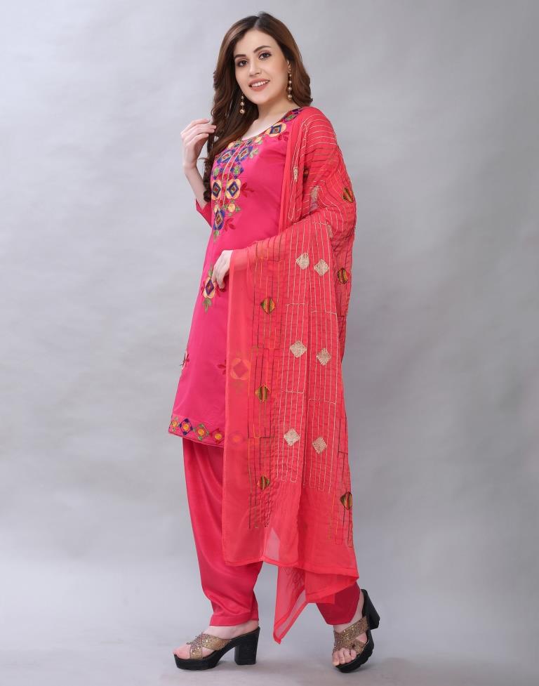 Amazing Pink Cotton Embroidered Unstitched Salwar Suit | Leemboodi