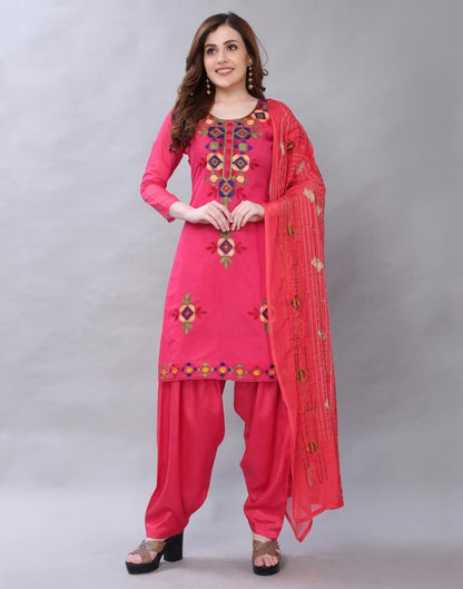 Amazing Pink Cotton Embroidered Unstitched Salwar Suit | Leemboodi