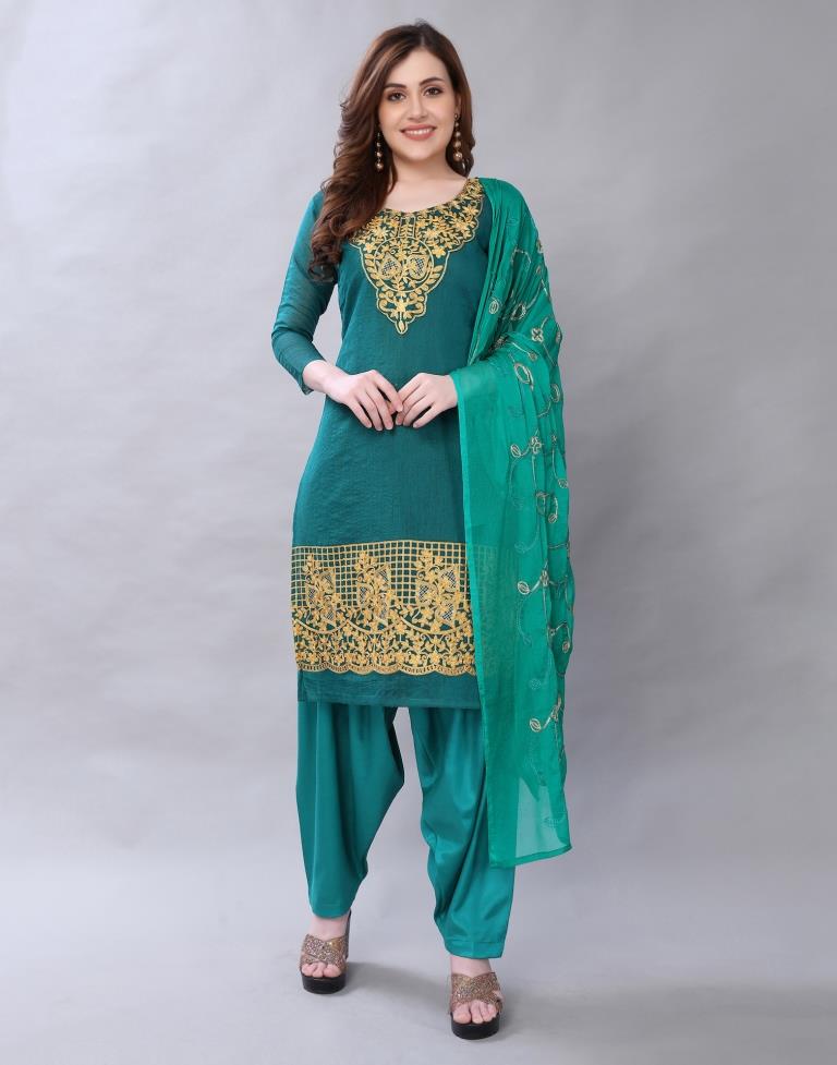 Enriching Rama Cotton Embroidered Unstitched Salwar Suit | Leemboodi