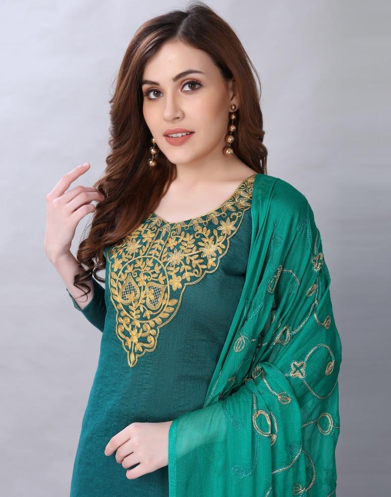 Enriching Rama Cotton Embroidered Unstitched Salwar Suit | Leemboodi