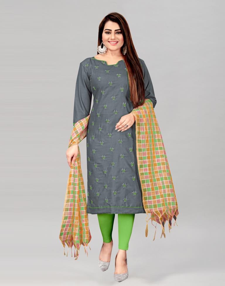Aesthetic Grey Cotton Embroidered Unstitched Salwar Suit | Leemboodi