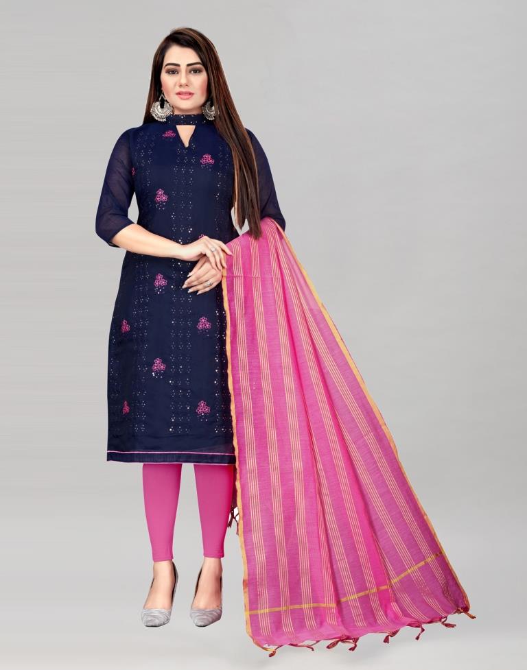 Amiable Navy Blue Chanderi Cotton Embroidered Unstitched Salwar Suit | Leemboodi