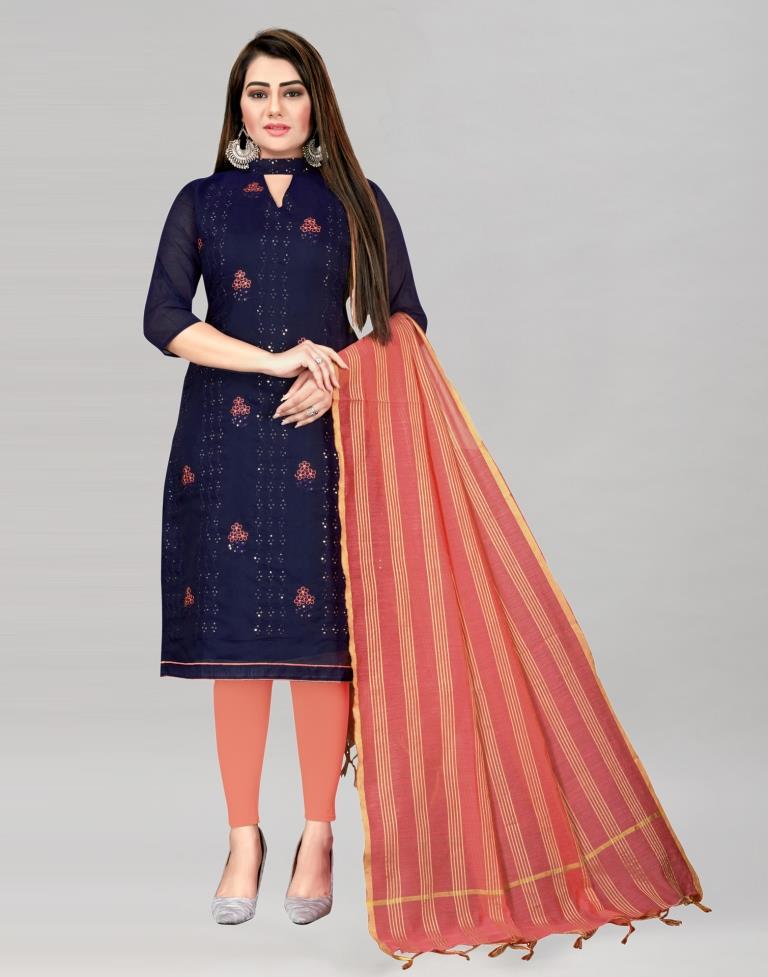 Adorable Navy Blue Chanderi Cotton Embroidered Unstitched Salwar Suit | Leemboodi