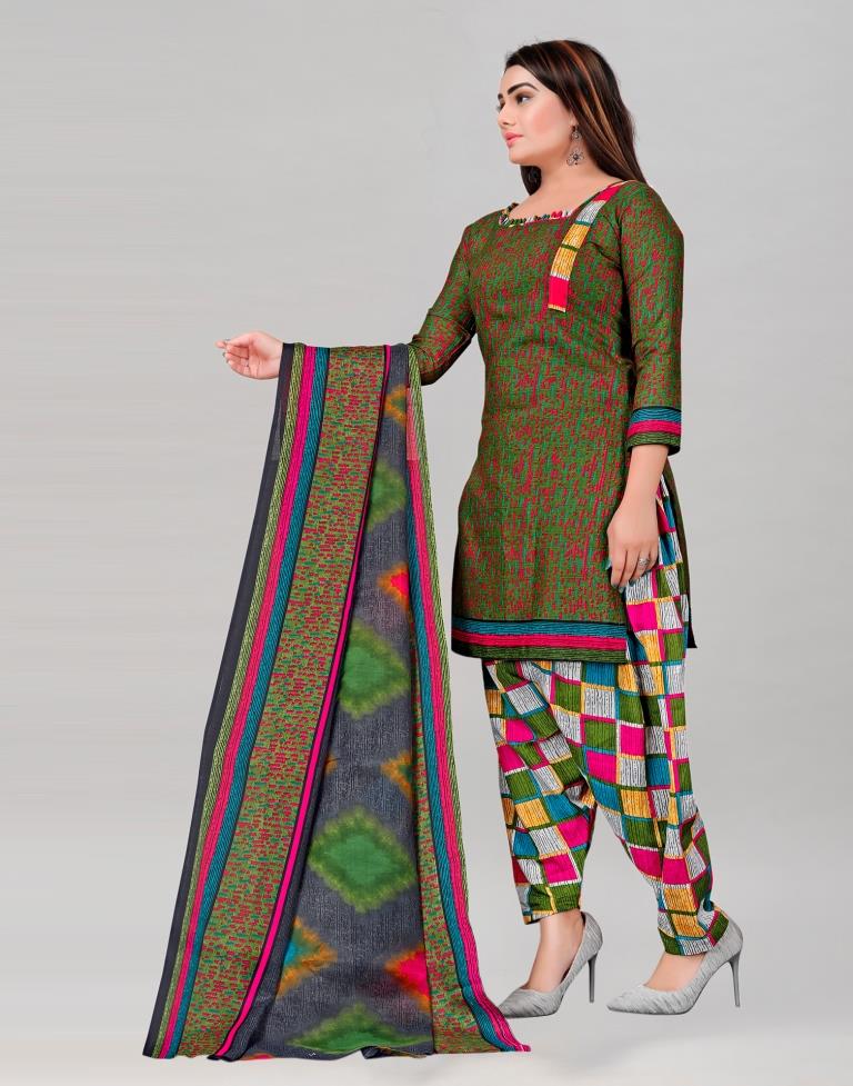 Delusive Dark Olive Green Cotton Printed Unstitched Salwar Suit | Leemboodi