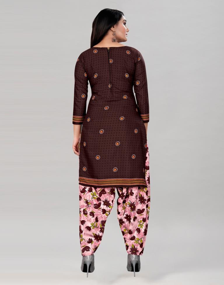 Definitive Coffee Brown Cotton Printed Unstitched Salwar Suit | Leemboodi