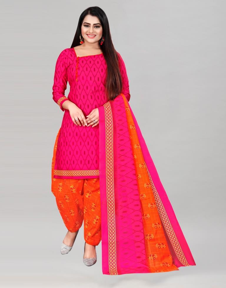 Affluent Dark Pink Cotton Printed Unstitched Salwar Suit | Leemboodi