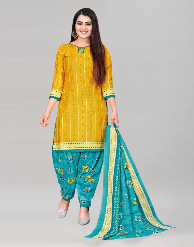Contemporary Mustard Yellow Cotton Printed Unstitched Salwar Suit |  Leemboodi