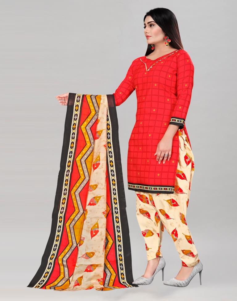 Brilliant Raspberry Red Cotton Printed Unstitched Salwar Suit | Leemboodi