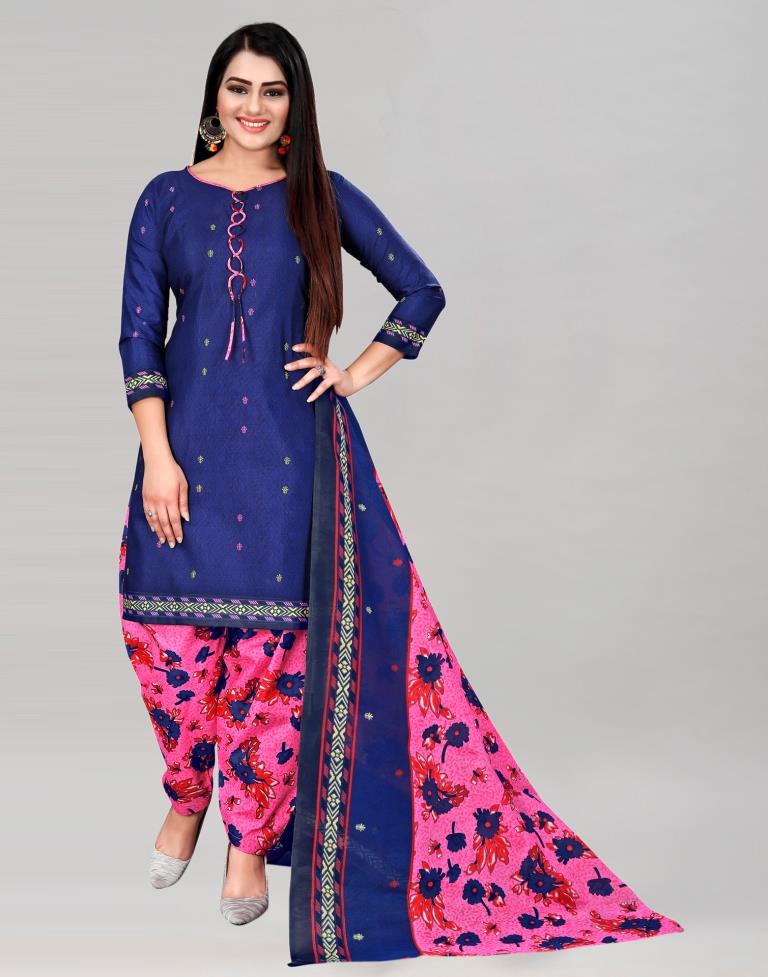 Creative Navy Blue Cotton Printed Unstitched Salwar Suit | Leemboodi