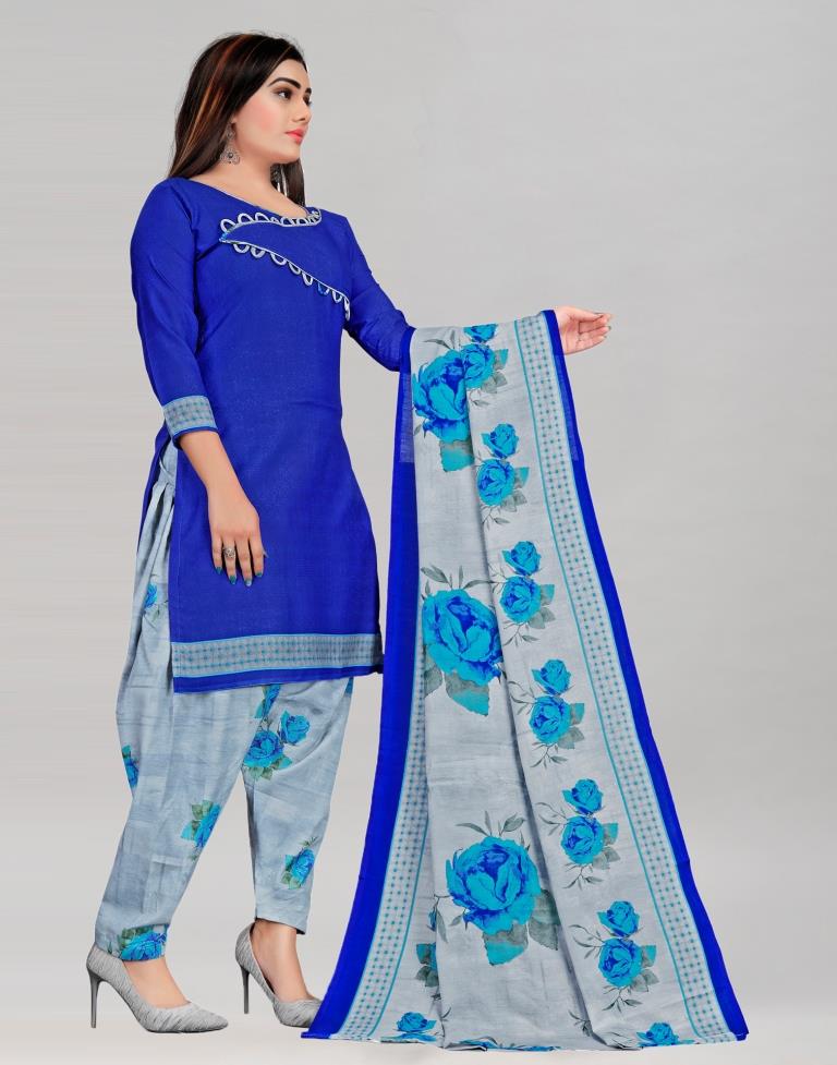 Enticing Royal Blue Cotton Printed Unstitched Salwar Suit | Leemboodi