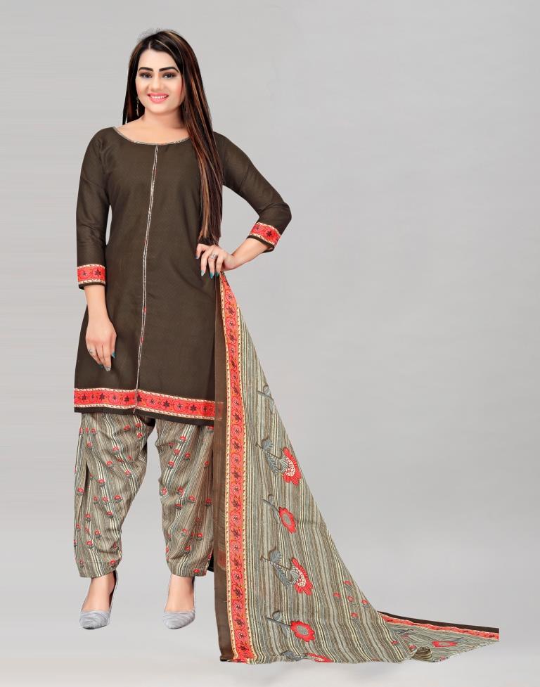 Striking Brown Cotton Printed Unstitched Salwar Suit | Leemboodi