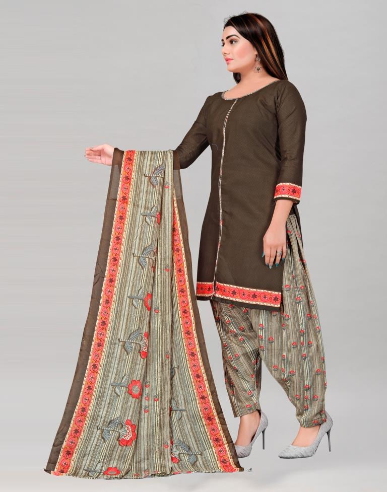 Striking Brown Cotton Printed Unstitched Salwar Suit | Leemboodi