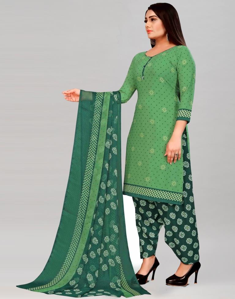 Mesmerising Olive Green Printed Unstitched Salwar Suit | Leemboodi