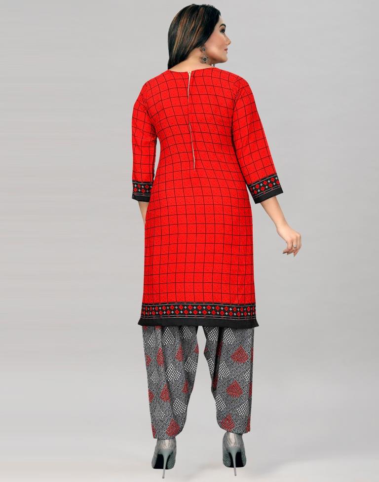 Imperial Red Printed Unstitched Salwar Suit | Leemboodi
