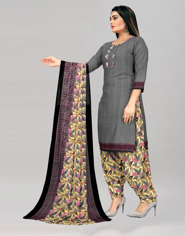 Flamboyant Grey Printed Unstitched Salwar Suit | Leemboodi