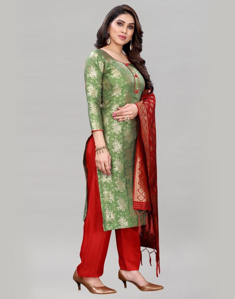 Olive Green Silk Jacquard Unstitched Salwar Suit | Leemboodi