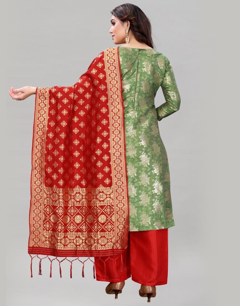 Olive Green Silk Jacquard Unstitched Salwar Suit | Leemboodi