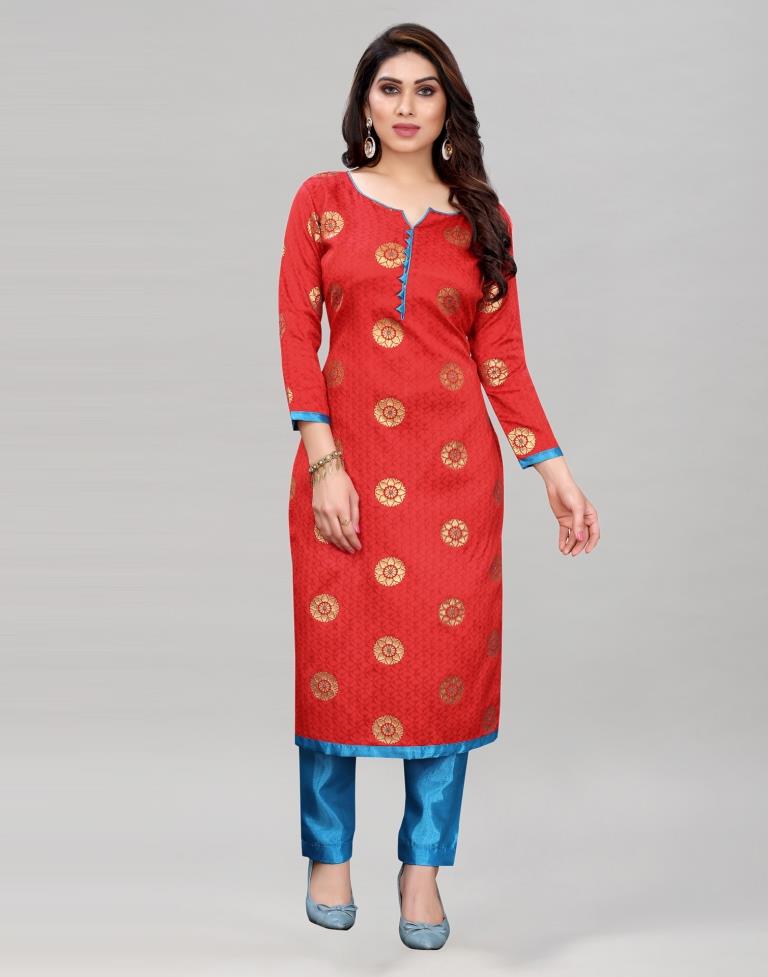 Red Silk Jacquard Unstitched Salwar Suit | Leemboodi