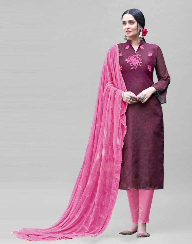 Wine Cotton Printed Unstitched Salwar Suit | Leemboodi