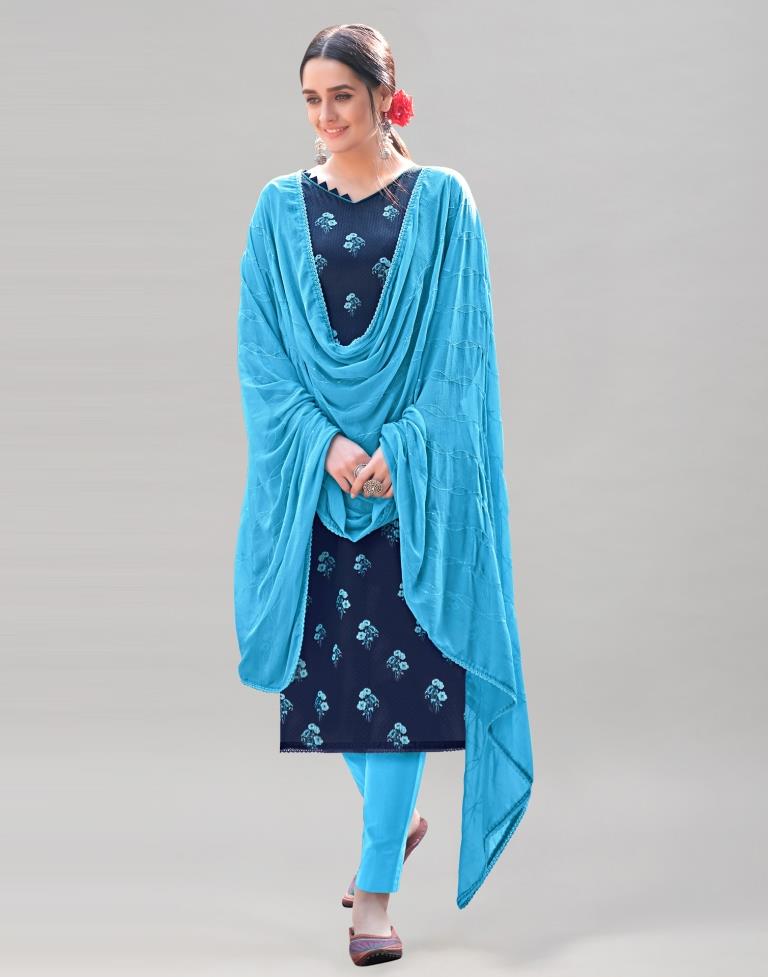 Blue Cotton Printed Unstitched Salwar Suit | Leemboodi