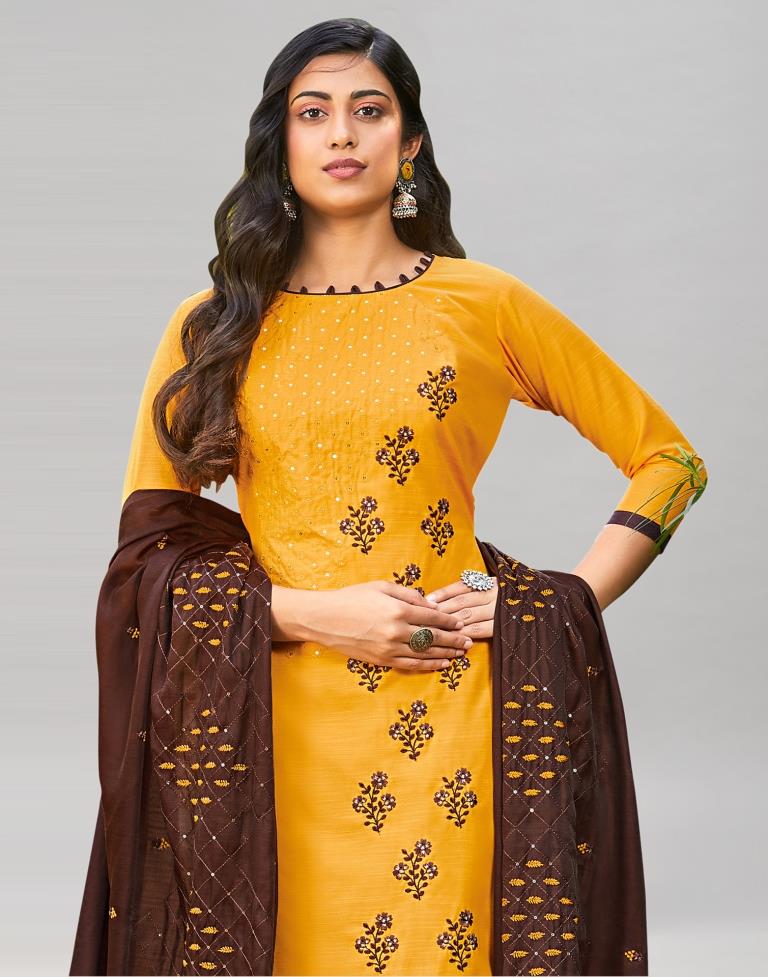 Turmeric Yellow Cotton Slub Embroidered Unstitched Salwar Suit | Leemboodi