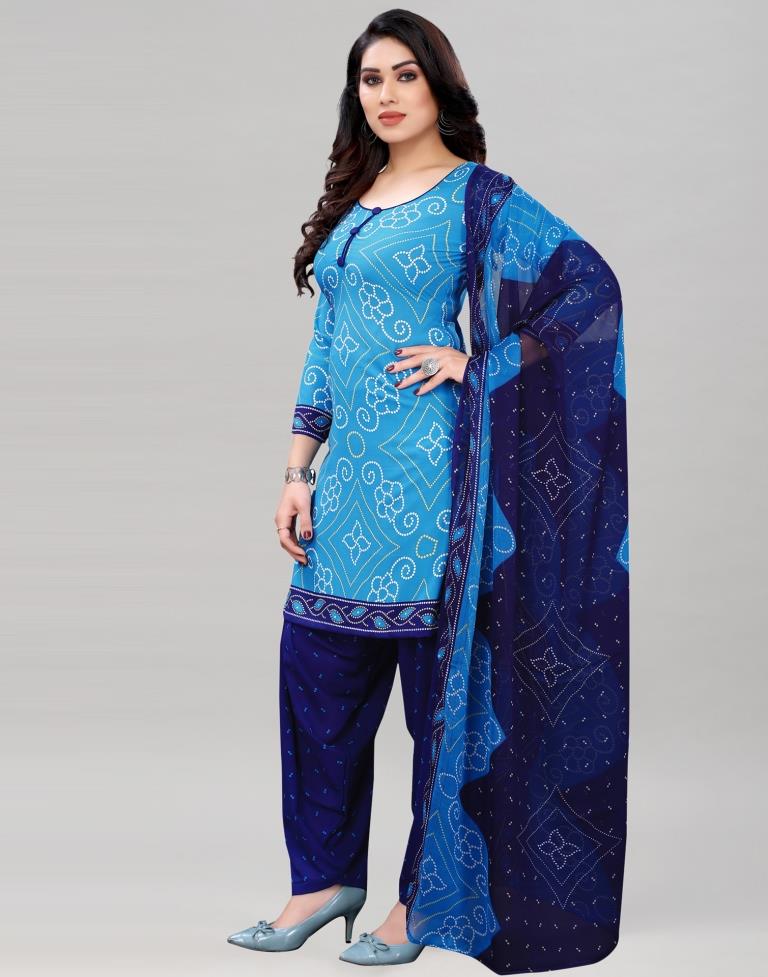 Sky Blue Bandhani Printed Unstitched Salwar Suit | Leemboodi