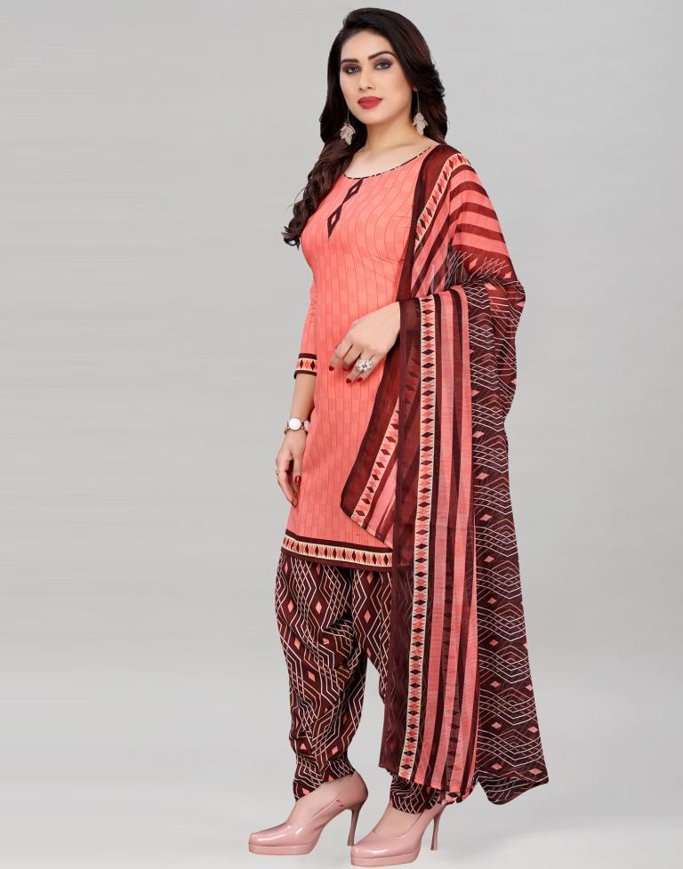 Coral Pink Printed Unstitched Salwar Suit | Leemboodi